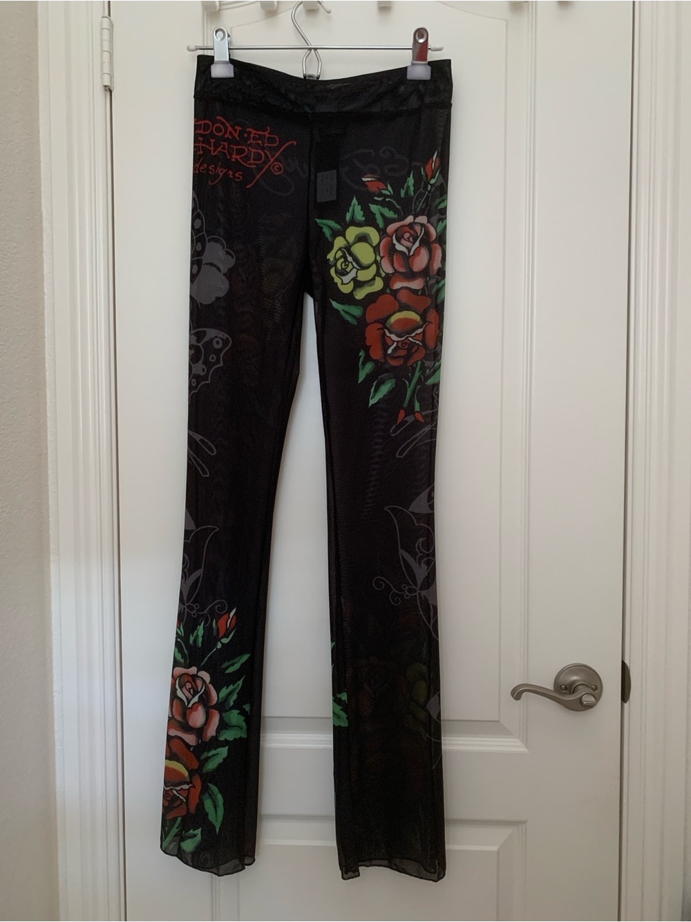 Ed Hardy Rose Mesh Swim Cover Up Flare Pants Black Medium NWT